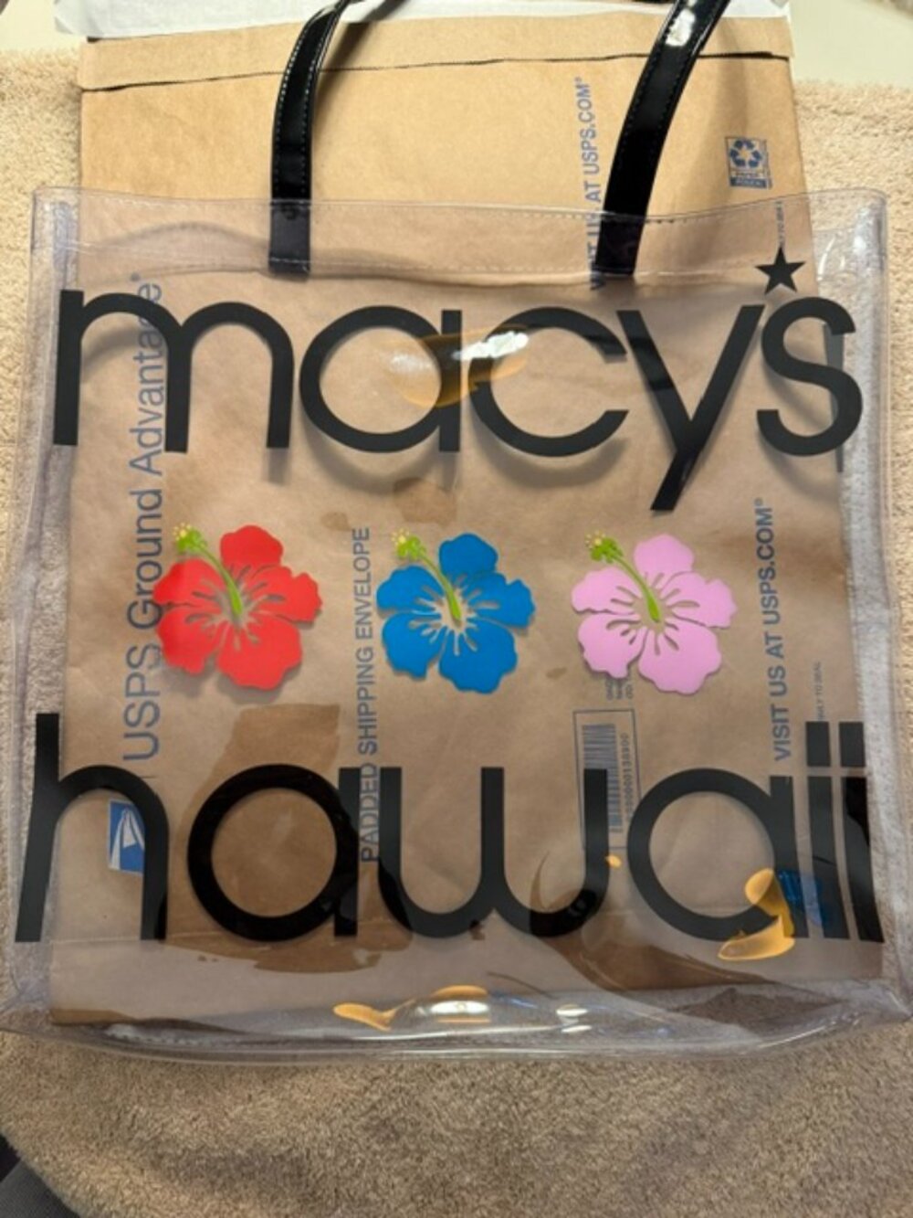 Macy’s Honolulu Clear Tote Bag Hibiscus Floral Beach Shopping Hawaii